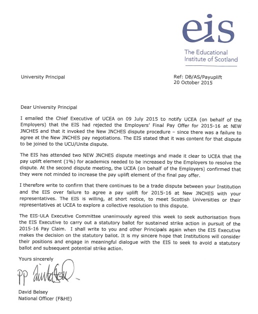 EIS Letter sent to HEIs re pay dispute and strike action - 20.10.15 cover and download