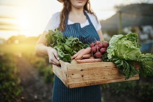 Girl with crate of vegetables